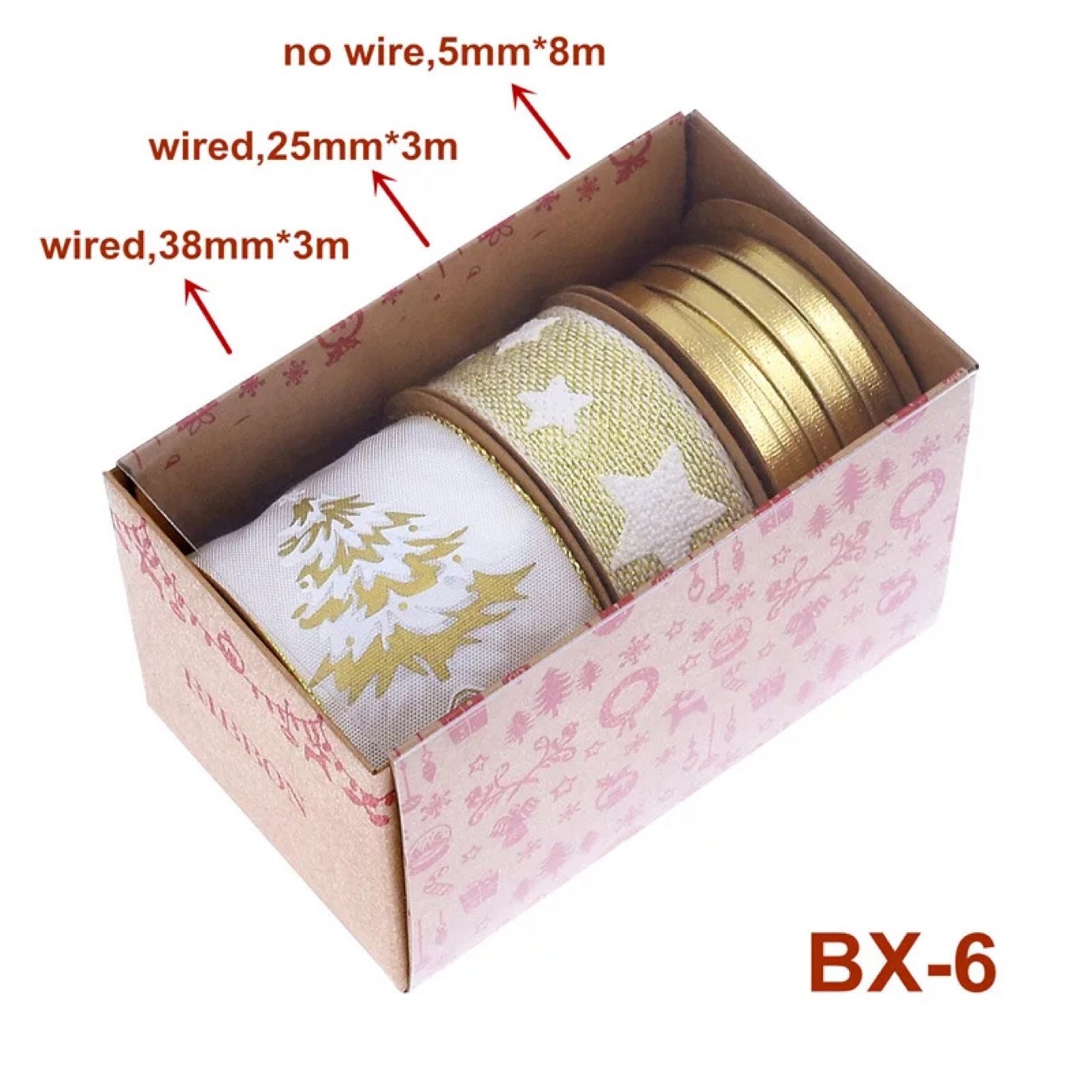 Christmas Ornament Ribbon Set in a gift box, featuring white ribbons with gold snowflakes and stars, various sizes labeled 5mm x 8m, 25mm x 3m, 38mm x 3m, ideal for holiday decoration and gift wrapping.