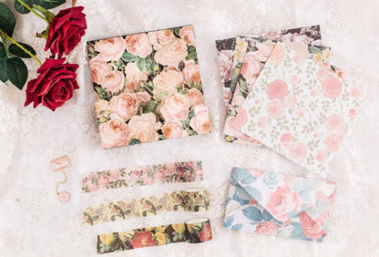 Sakura Mail Kit – Washi Tape, Stickers, Planner featuring floral designs with roses, elegant envelopes, decorative paper, and colorful washi tape set on a lace background; perfect for scrapbooking and journaling.