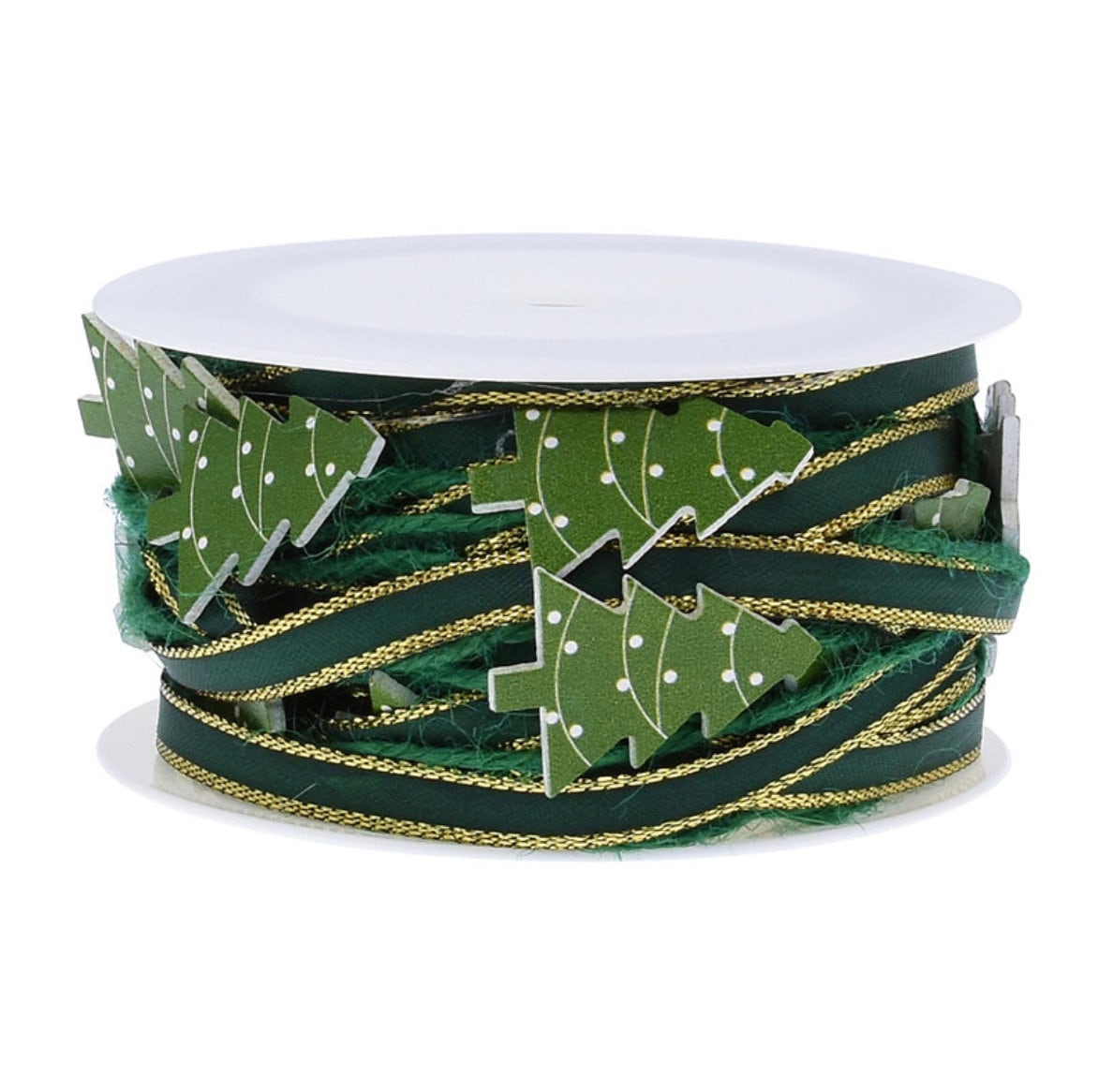 Green Christmas Ribbon with Gold Trim and Tree Ornaments - 5.5 Yards Wrapped Spool