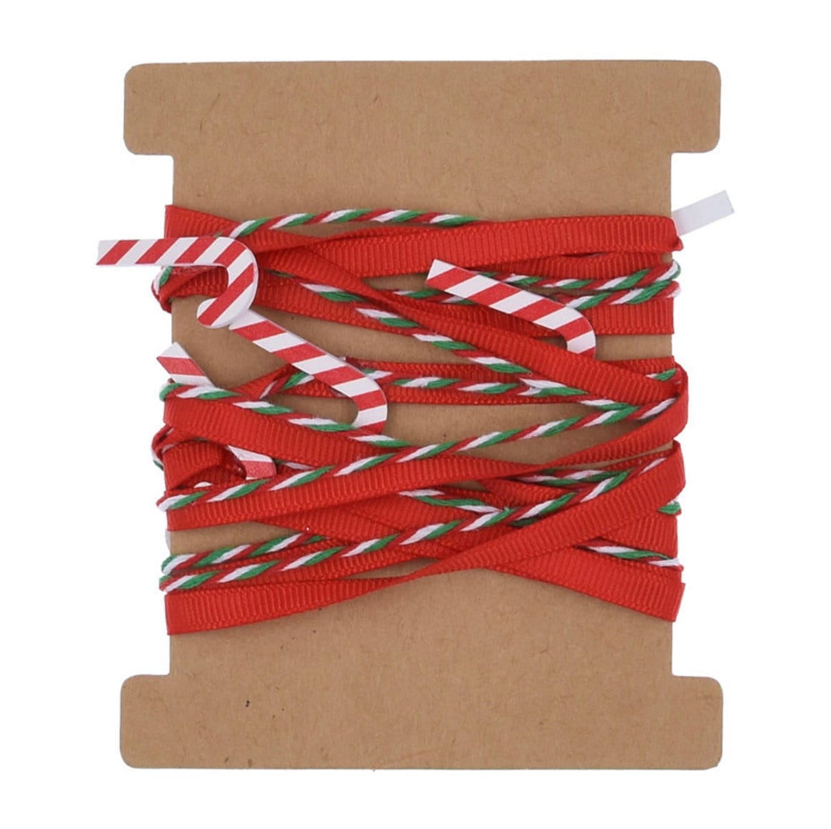 Red holiday ribbon with red, green, and white striped rope wrapped around a brown cardboard spool, 5.5 yards in length.