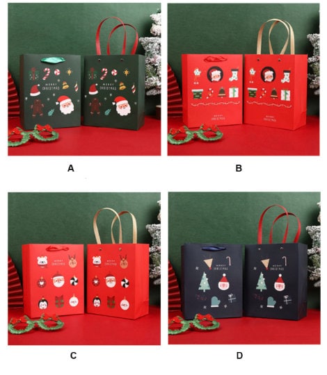 Christmas paper gift bags with handles - Santa design, set of two in four variations, featuring festive illustrations of Santa Claus, Christmas trees, and holiday motifs, perfect for gift-giving during the holiday season.