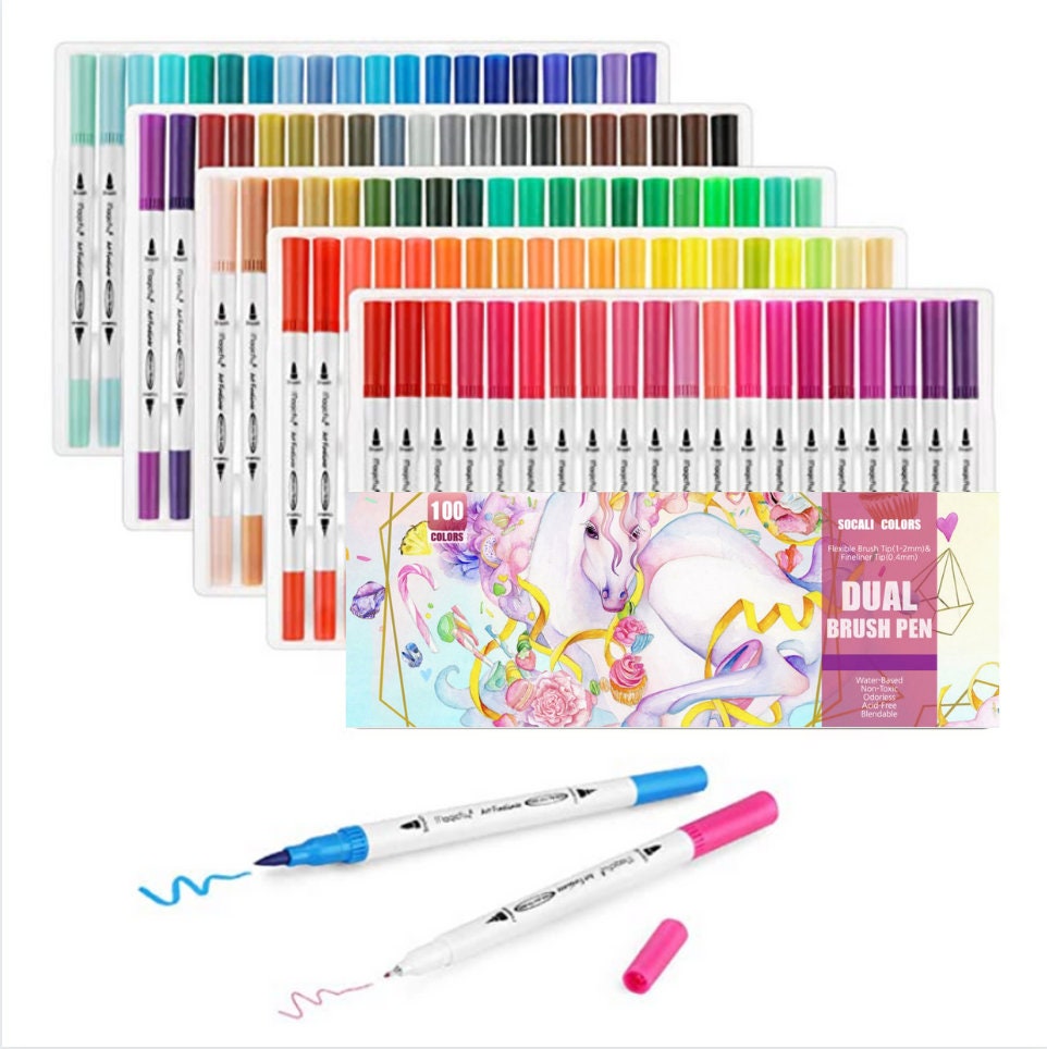 100 Colors Dual Tip Brush Marker Set, ideal for all ages, includes vibrant and assorted colors, perfect for drawing, coloring, and journaling.