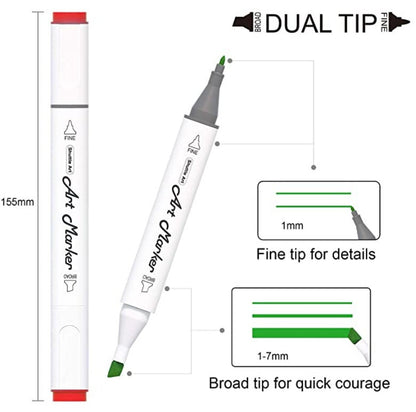 Dual Tip Alcohol Markers Set with fine and broad tips for details and quick coverage, 155mm length, 24 colors with case for art and drawing