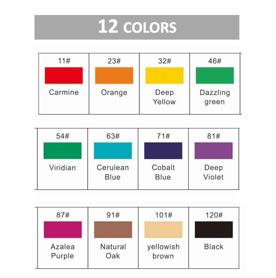 12-color dual tip alcohol markers set with colors including Carmine, Orange, Deep Yellow, Dazzling Green, Viridian, Cerulean Blue, Cobalt Blue, Deep Violet, Azalea Purple, Natural Oak, Yellowish Brown, and Black, each labeled with corresponding color codes.