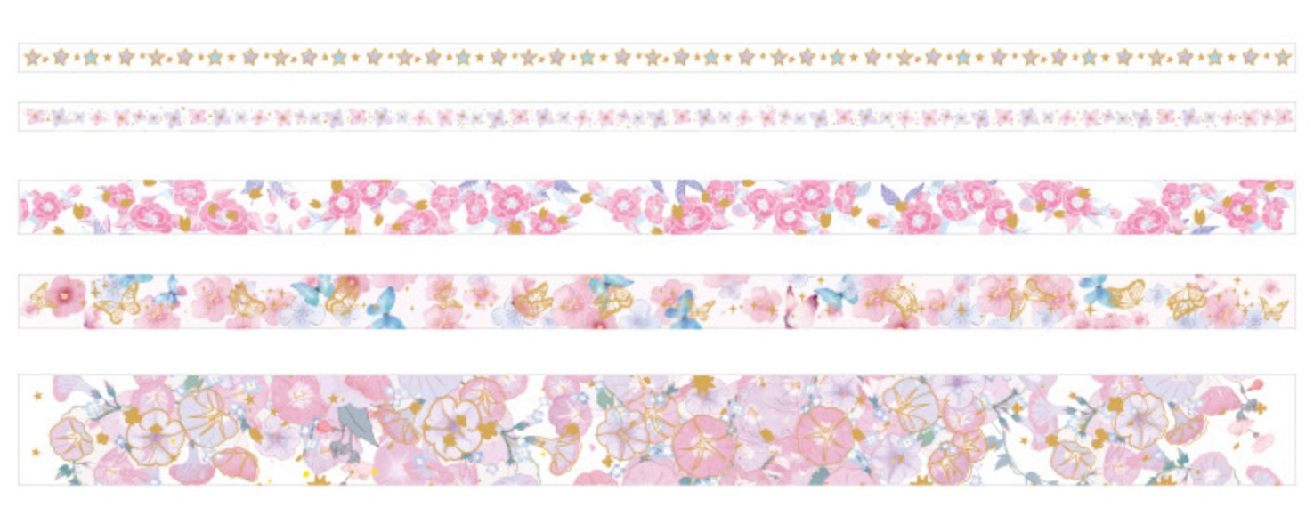 Pink and gold flower washi tape set, 5 rolls featuring floral patterns and gold accents, perfect for scrapbook and DIY craft projects, kawaii stationery.