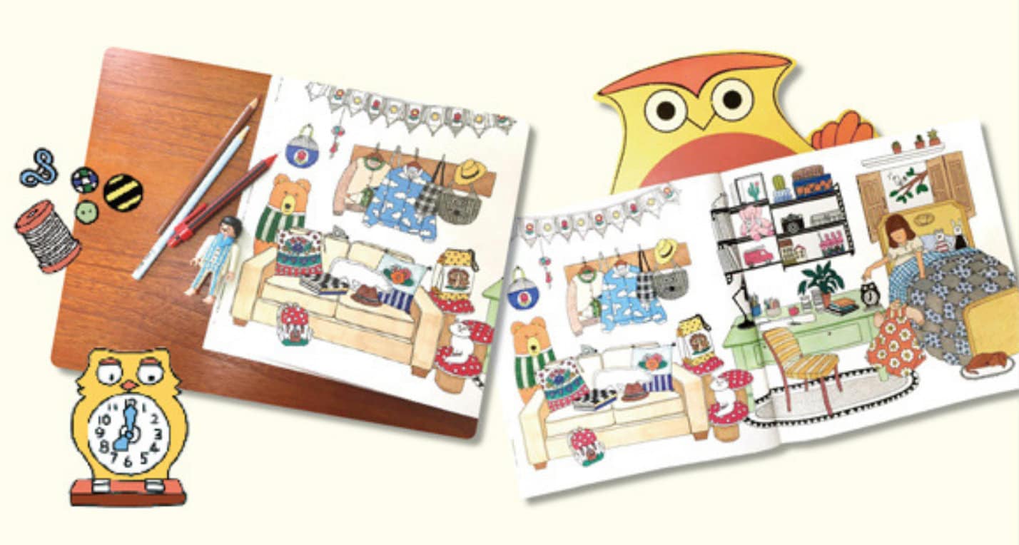 Around My Town Korean Coloring Book - open pages showcasing detailed illustrations, with cute owl stickers and drawing tools on a wooden table, perfect as a relaxing gift