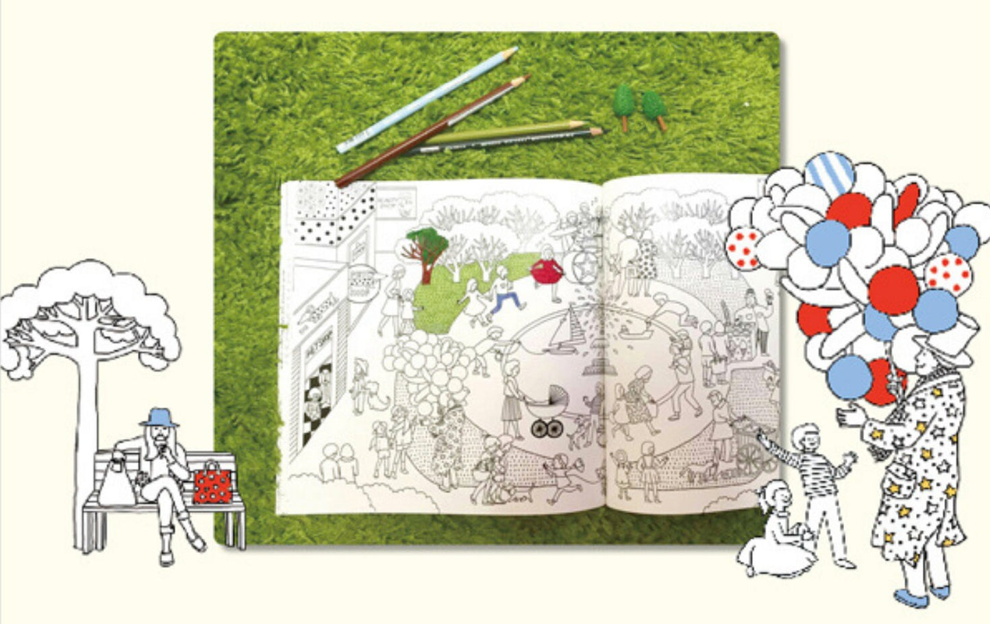 Around My Town Korean Coloring Book laying open on green grass with colorful pencils and whimsical cartoon characters in the background - Relaxing Gift