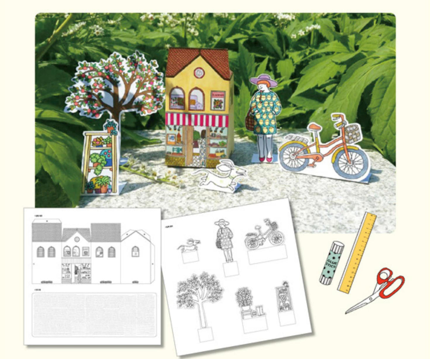 Around My Town Korean Coloring Book with cut-out characters, bicycle, house, tree, and coloring pages. Includes ruler, glue stick, and scissors. Perfect relaxing gift.