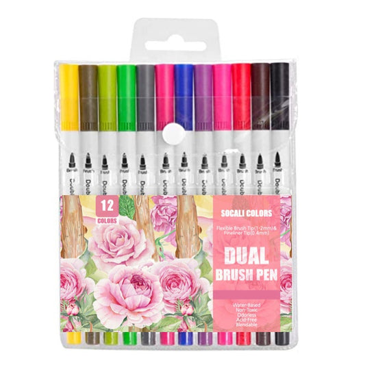 12-Color Dual Tip Brush Pens for Art & Calligraphy, flexible brush tip and fineliner tip, water-based, non-toxic, odorless, acid-free, blendable, vibrant colors set with floral packaging.