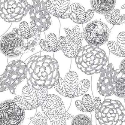 Detailed black and white floral pattern in an Animal and Plant Coloring Therapy Book for All Ages, featuring intricate designs of flowers, leaves, and bees for stress relief and relaxation.