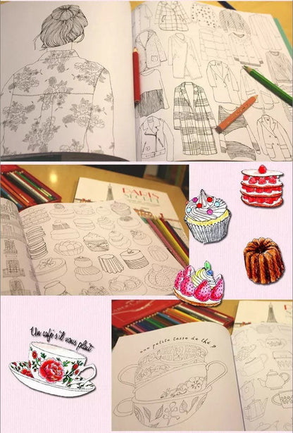 Traveling Paris Coloring Book for Kids and Adults with intricate Parisian-themed illustrations, including fashion, desserts, and teacups, shown with colored pencils.