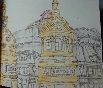 Paris-themed coloring book page featuring detailed architecture and landmarks for kids and adults, Traveling Paris Coloring Book.