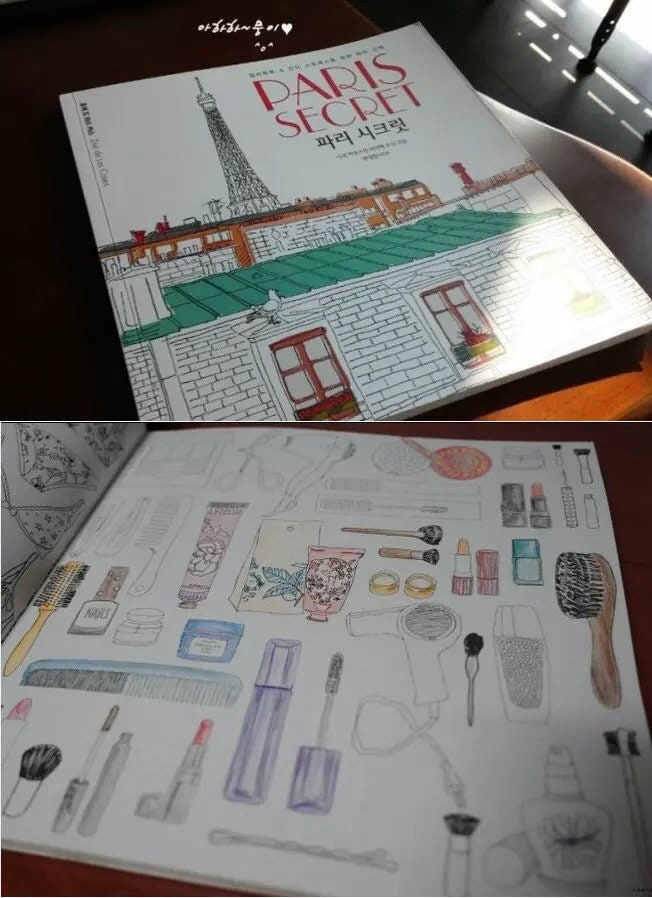 Traveling Paris Coloring Book for Kids and Adults, featuring intricate Paris cityscape on the cover with the Eiffel Tower and rooftops, and detailed beauty products sketches inside for coloring creativity.