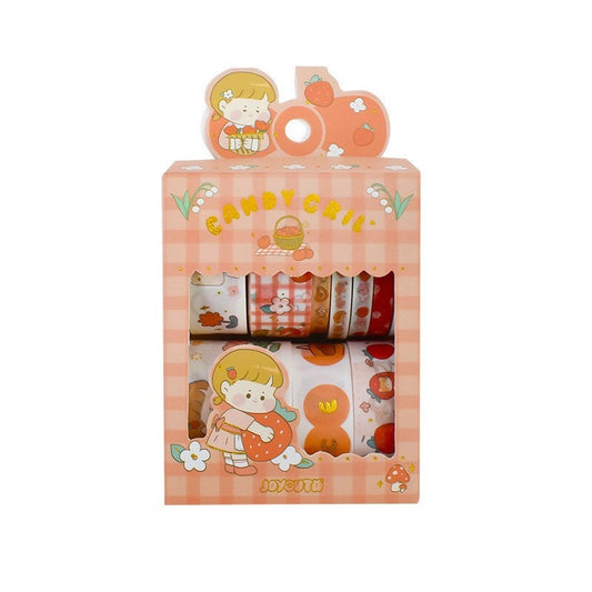 Orange Candy Washi Tape Set - 10 Rolls in Cute Kawaii Style Packaging with Girl and Orange Illustrations