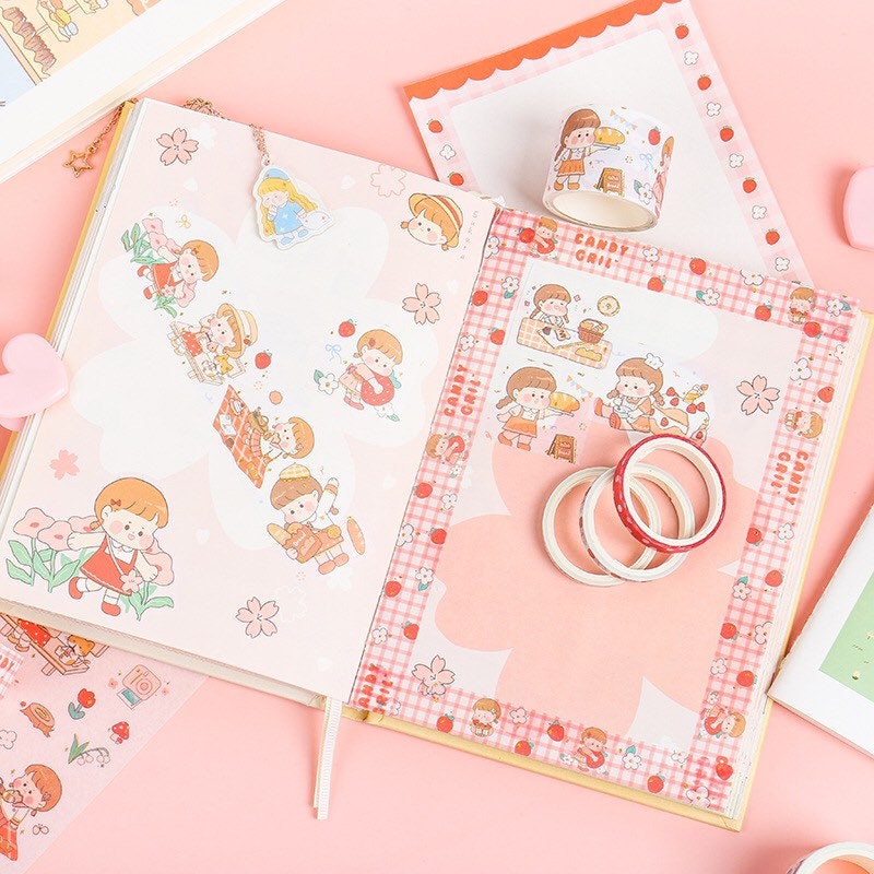 Orange Candy Washi Tape Set - 10 Rolls displayed with cute illustrated journal pages and characters in a kawaii style.