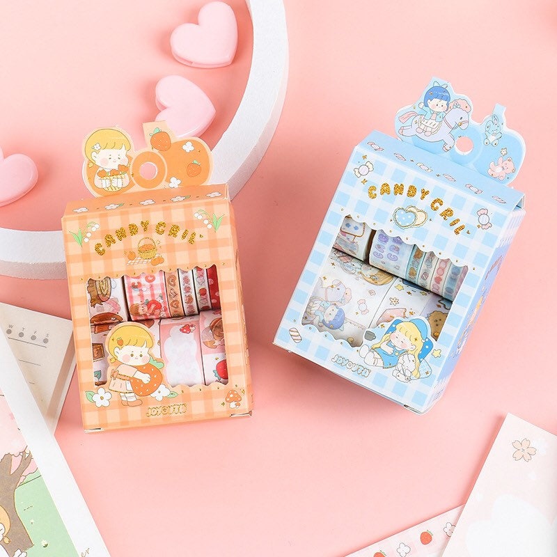 Orange Candy Washi Tape Set - 10 Rolls, featuring colorful, kawaii designs in playful packaging. Perfect for scrapbooking and decorating.