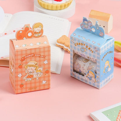 Orange Candy Washi Tape Set - 10 Rolls in cute packaging featuring kawaii characters with orange and blue themes, ideal for journaling and crafts.