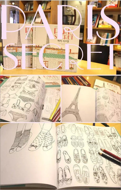 Traveling Paris Coloring Book for Kids and Adults open to various detailed illustrations including the Eiffel Tower, shoes, summer clothing items, and intricate patterns, with colored pencils on a table in a cozy bookstore setting.