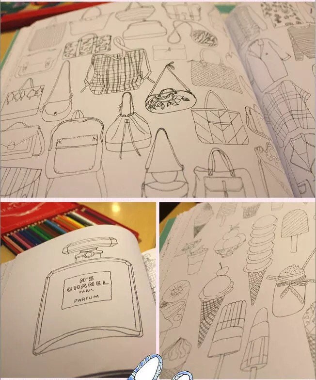 Traveling Paris Coloring Book for Kids and Adults featuring intricate designs of bags, perfume bottles, ice creams, and desserts with colored pencils in the background.