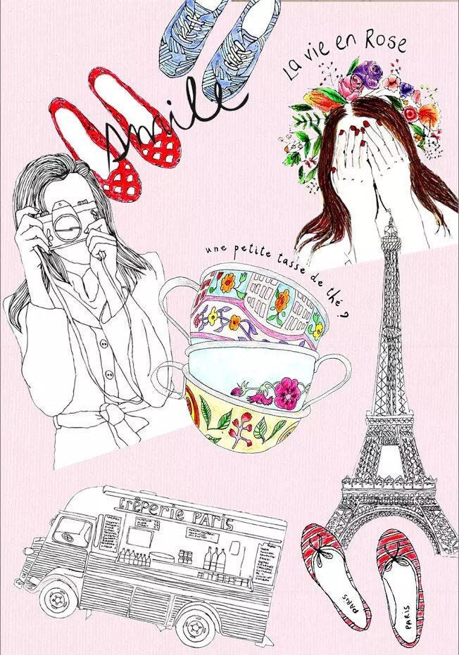 Traveling Paris Coloring Book for Kids and Adults cover featuring illustrated Parisian elements including the Eiffel Tower, colorful teacups, a Parisian food truck, a woman taking a photo, floral designs, and various shoes with the phrases "Smile" and "La vie en Rose."