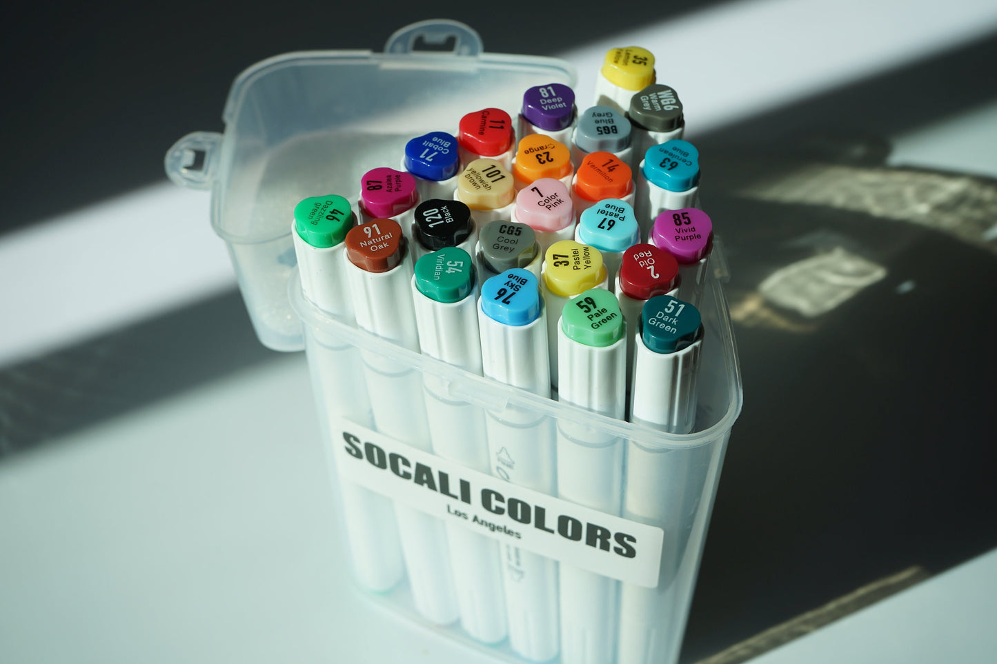 Dual Tip Alcohol Markers Set with 24 vibrant colors in a clear, plastic case featuring the brand name SoCali Colors.