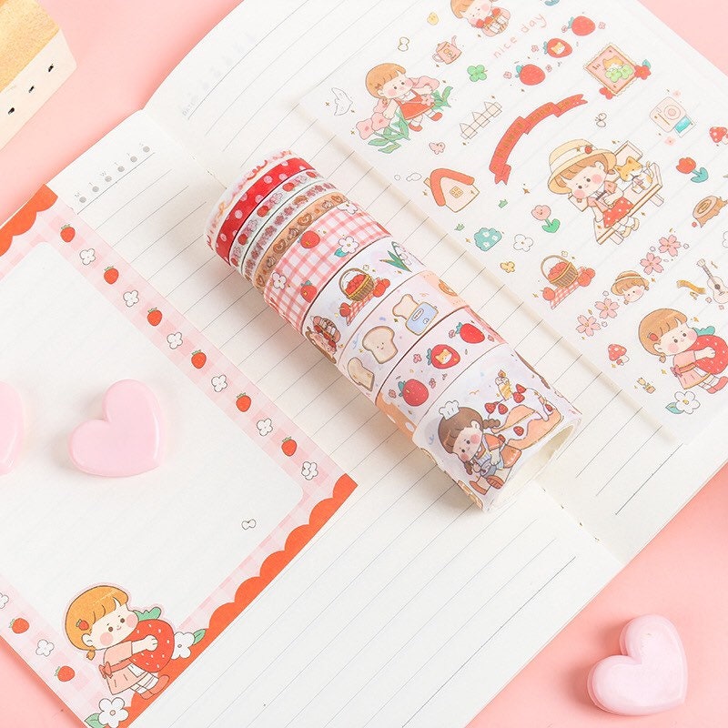 Orange Candy Washi Tape Set - 10 Rolls featuring cute kawaii designs of girls, flowers, strawberries, and other adorable elements; perfect for journaling, scrapbooking, and DIY projects.