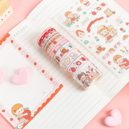 Orange Candy Washi Tape Set - 10 Rolls featuring cute kawaii designs of girls, flowers, strawberries, and other adorable elements; perfect for journaling, scrapbooking, and DIY projects.