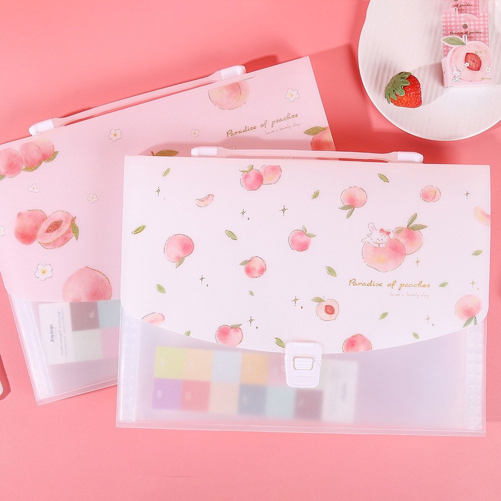 Pink Peach 13-Pocket A4 Document Organizer with cute peach illustrations and a secure latch, perfect for storing and organizing paperwork.