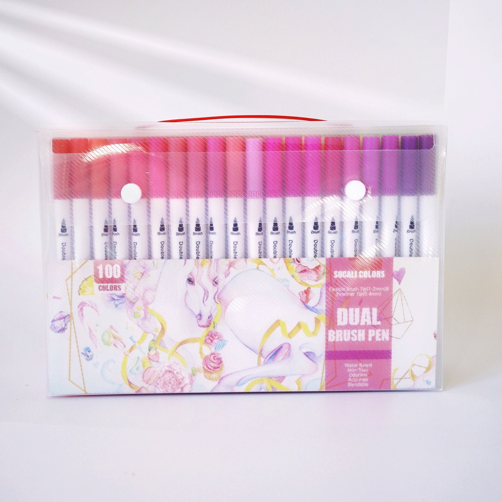 100 Colors Dual Tip Brush Marker Set for All Ages in a transparent carrying case, featuring an array of vibrant colors displayed in neat rows.