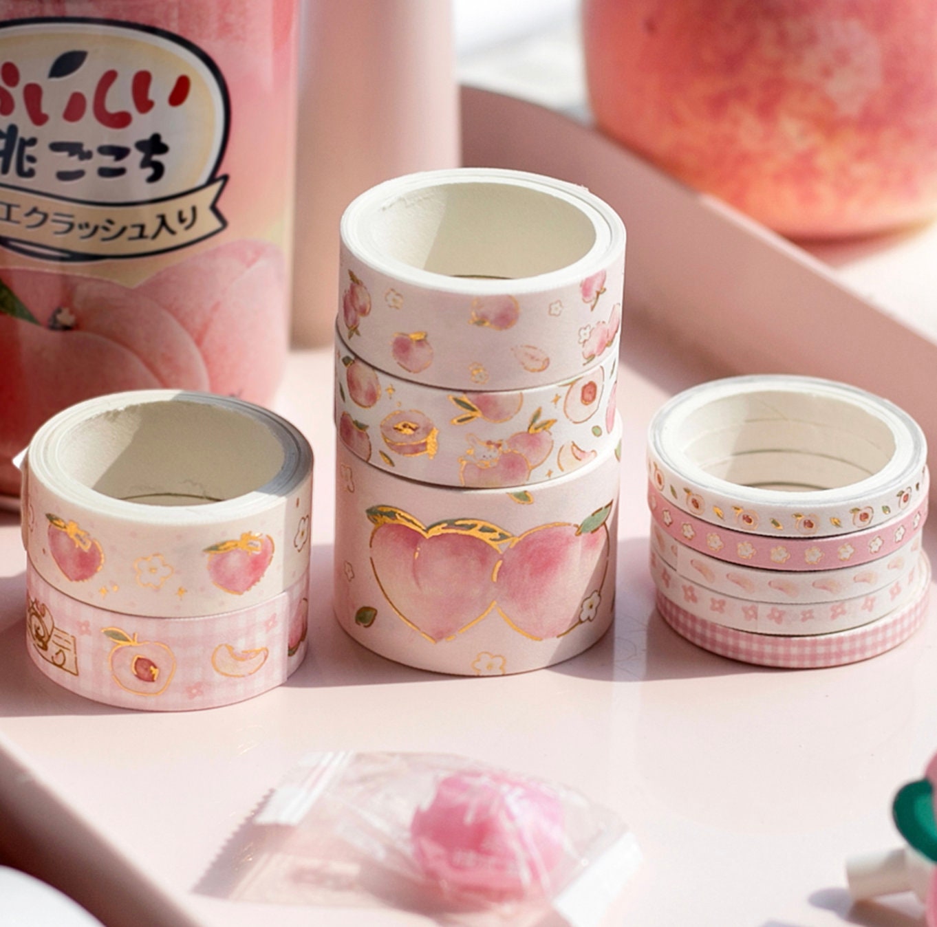 Peach Pink Washi Tape Set - 10 Rolls with cute peach and floral designs, kawaii stationery, decorative masking tape for planners, scrapbooking, and crafts