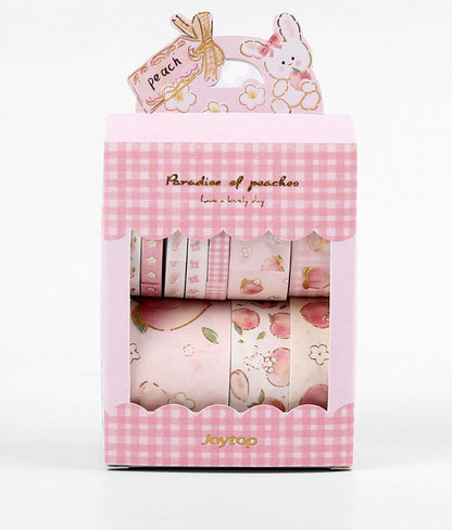 Peach Pink Washi Tape Set - 10 Rolls in cute packaging with bunny design and gingham pattern, perfect for scrapbooking, journaling, and DIY crafts.