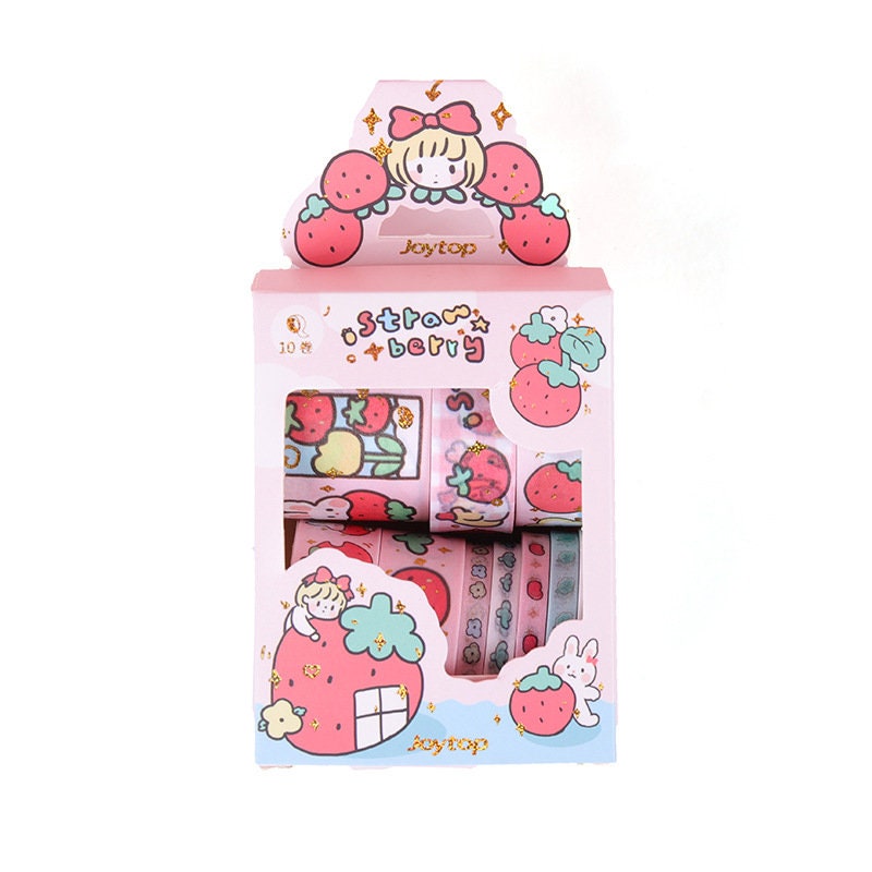 Peach Pink Washi Tape Set - 10 Rolls in cute kawaii packaging with strawberry and whimsical character designs.