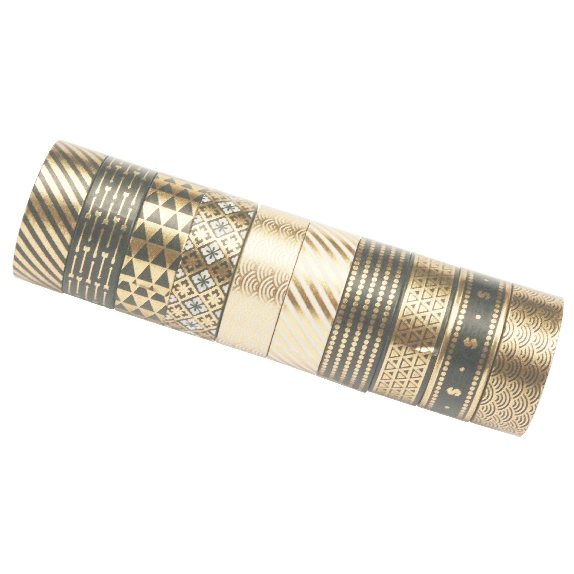 Black gold foil washi tape set with 10 rolls featuring assorted geometric and stripe patterns.