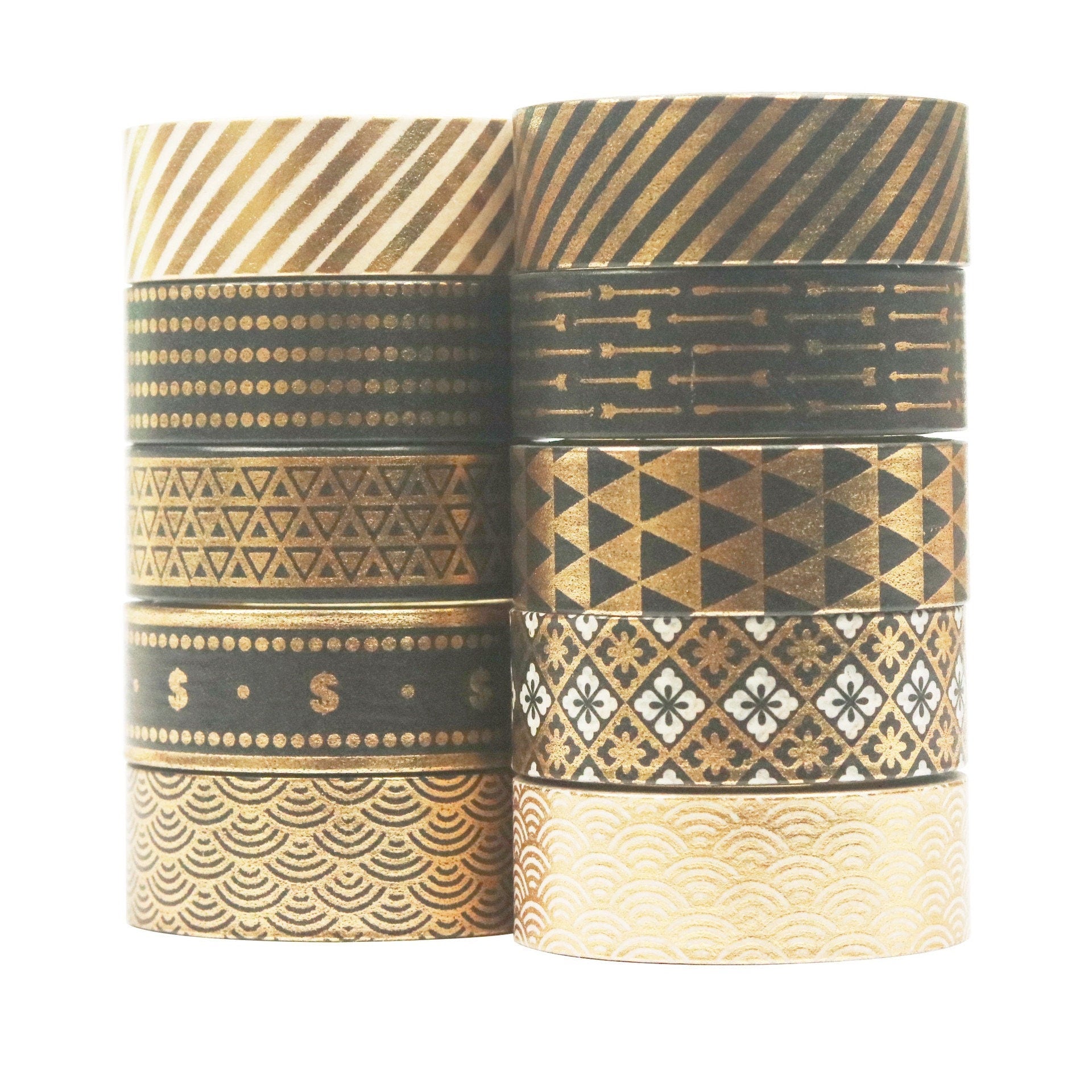 Black Gold Foil Washi Tape Set in various patterns including stripes, arrows, dots, and geometric designs - 10 Rolls, perfect for kawaii stationery, scrapbooking, and crafting.