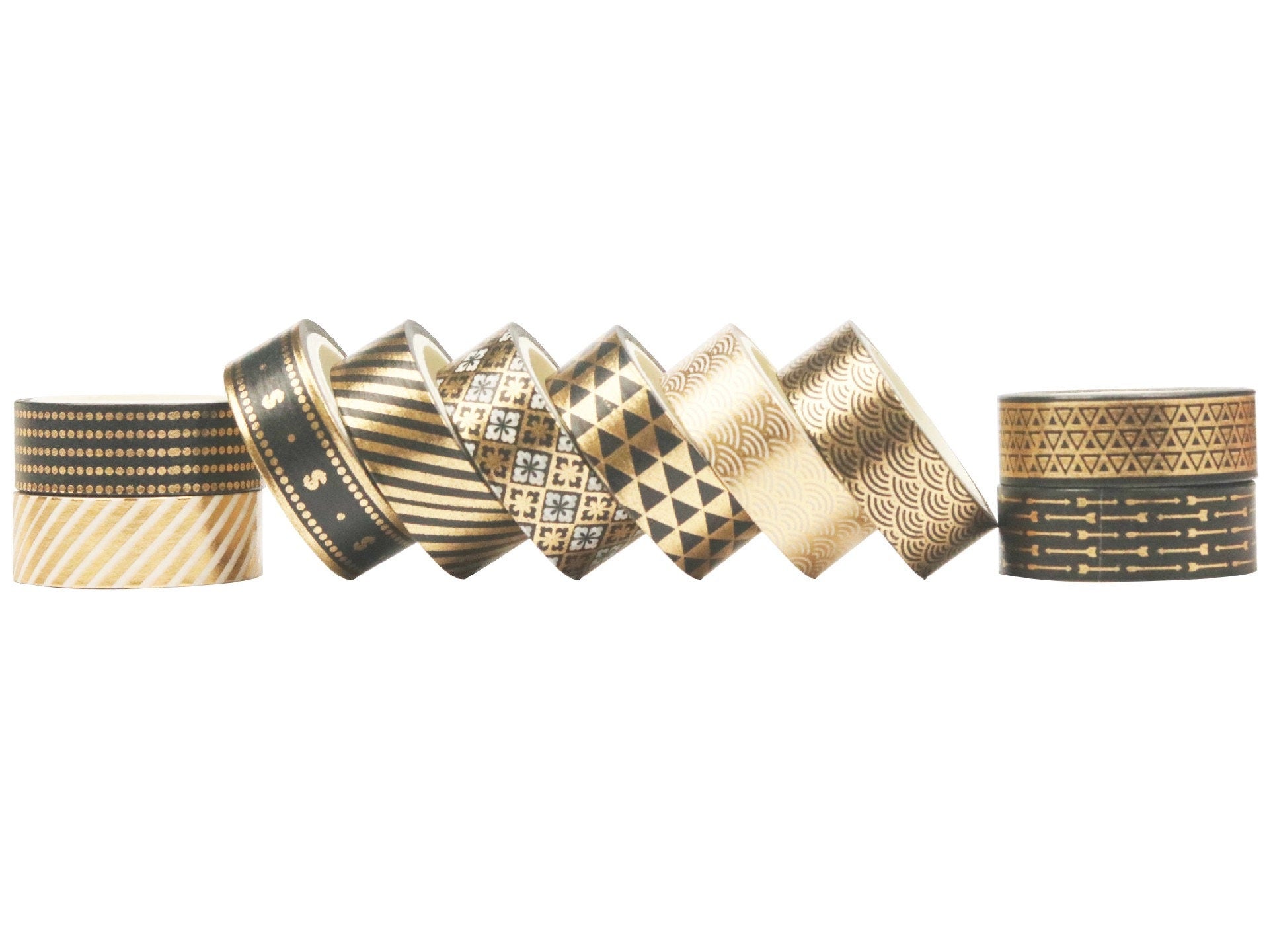 Black Gold Foil Washi Tape Set - 10 Rolls showing different elegant designs and patterns with metallic gold accents.