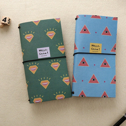 Spring Flower Kraft Journals - Recycled Paper Set featuring colorful and quirky designs. Two notebooks are shown: one with a green cover and smiling mouth pattern, and the other with a blue cover and eye-triangle motif. Eco-friendly and stylish stationery for daily use.