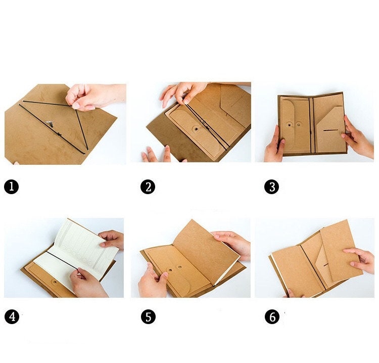 Step-by-step guide showing hands opening and organizing the interior pockets and pages of the Spring Flower Kraft Journals - Recycled Paper Set, showcasing the eco-friendly design and functional kraft paper material with multiple compartments.