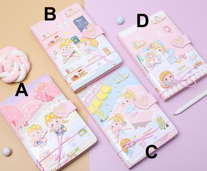 Pink Leather Journal with Magnetic Buckle and Bookmark in Kawaii Style, Available in Four Designs Featuring Cute Characters (A, B, C, D)