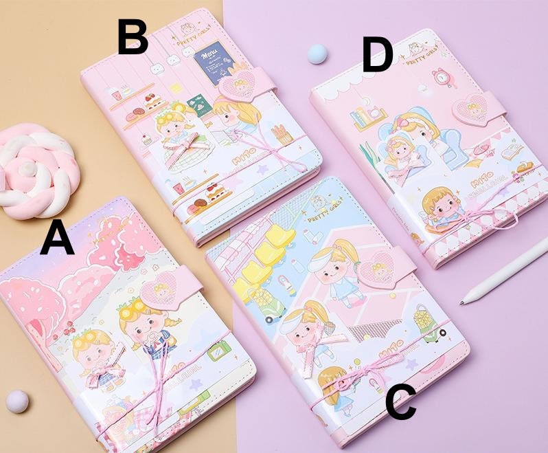 Pink Leather Journal - Magnetic Buckle with Bookmark featuring four kawaii designs (A, B, C, D): cute illustrations, pastel colors, and charming patterns. Ideal for note-taking, journaling, or as a gift.