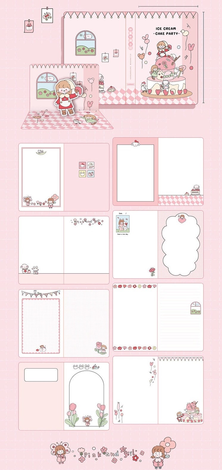 Dreaming World Hardcover Journal with Magnetic Buckle featuring kawaii designs, pink color scheme, and various cute illustrations on each page, perfect for note-taking, journaling, and creative writing.