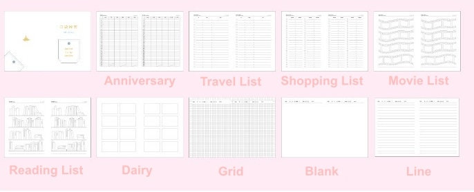 Hard Cover A5 Minimalist Grid Pocket Planner showing various page layouts including Anniversary, Travel List, Shopping List, Movie List, Reading List, Dairy, Grid, Blank, and Line pages.