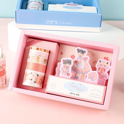 Twelve Moon Sticky Notes & Washi Tape Set in pink gift box, featuring kawaii-style designs with adorable characters, decorative tape rolls, and playful sticky notes, perfect for journaling, planners, and creative projects.