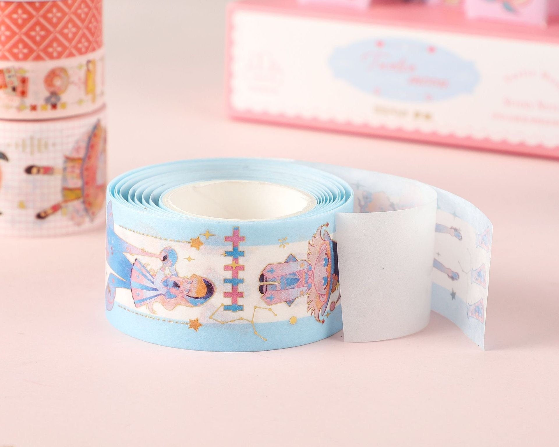 Kawaii Twelve Moon Sticky Notes & Washi Tape Set with celestial design, featuring blue and pink illustrations. Perfect for journaling and decorating.