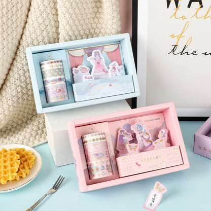 Miss Hathaway's Lunch Sticky Notes & Washi Tape Set in kawaii style packaging, showcasing cute themed sticky notes and colorful washi tape designs with a vintage lunch scene and whimsical characters, set beside a plate of waffles.