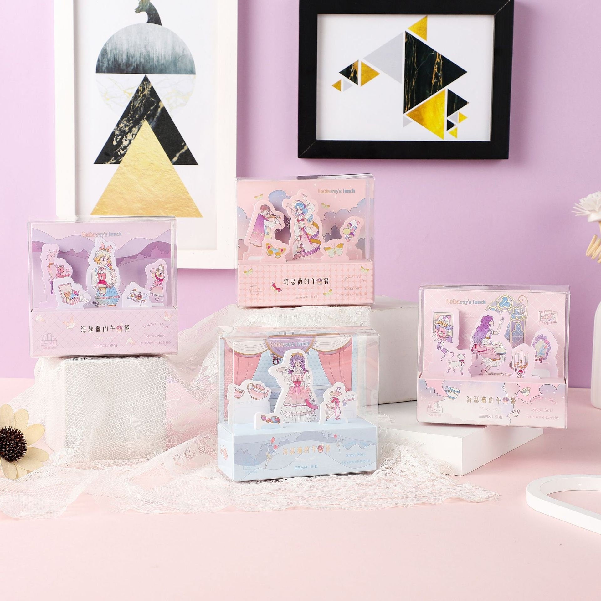 Miss Hathaway's Lunch Sticky Notes & Washi Tape Set featuring kawaii designs in pastel packaging.