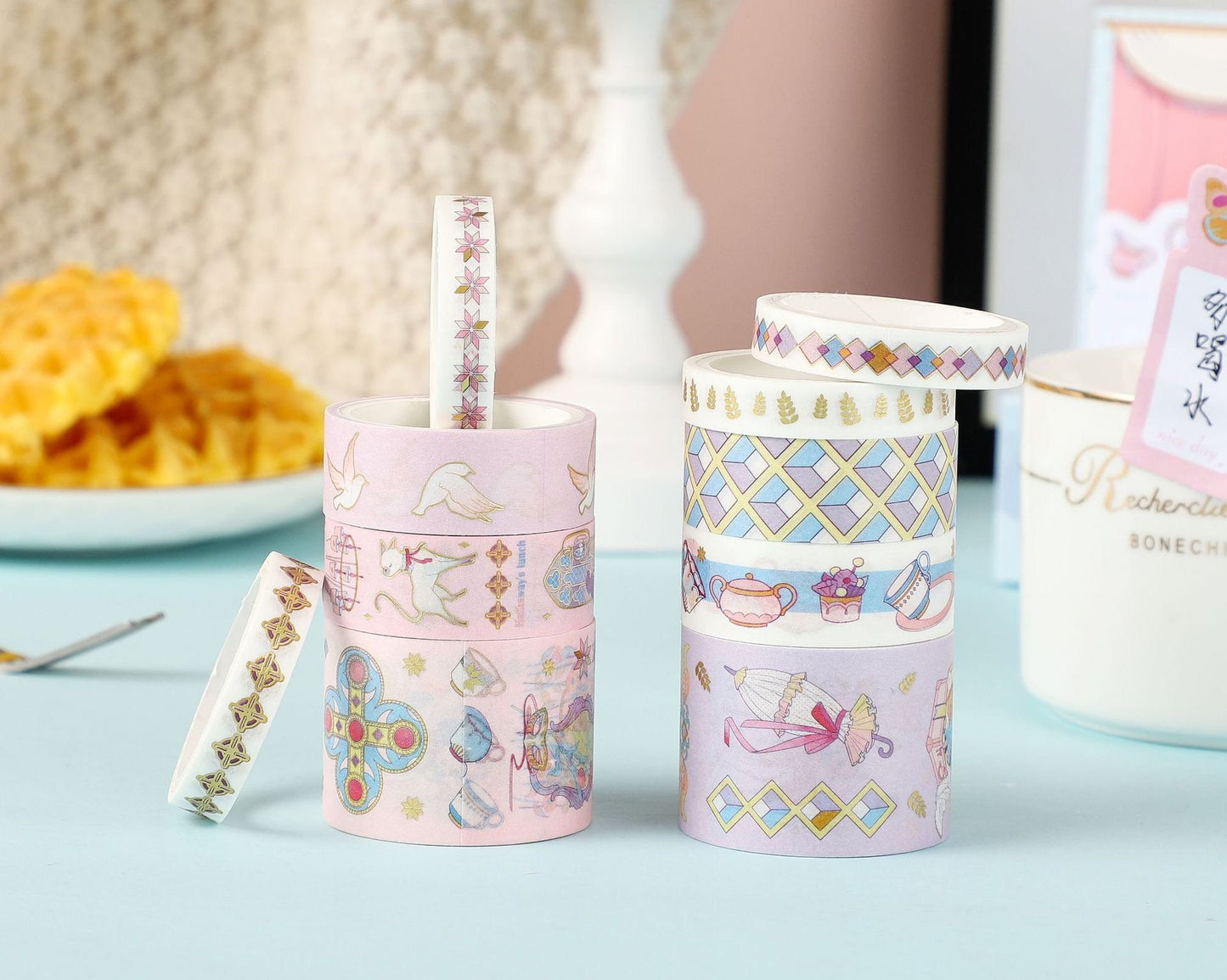 Miss Hathaway's Lunch Sticky Notes & Washi Tape Set featuring pastel-colored kawaii designs with vintage motifs, including teapots, umbrellas, cats, and decorative patterns, perfect for cute DIY stationery projects and journaling.