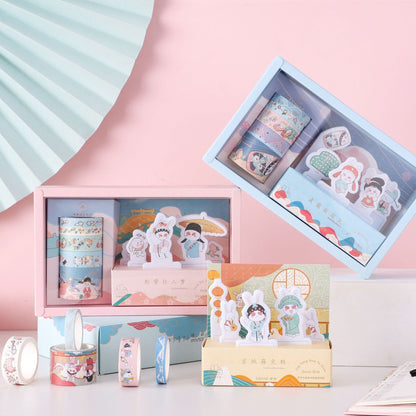 Cute Rabbit Sticky Notes and Washi Tape Set in pastel packaging, featuring adorable rabbit characters, decorative washi tapes, and themed sticky notes in a kawaii stationery collection.