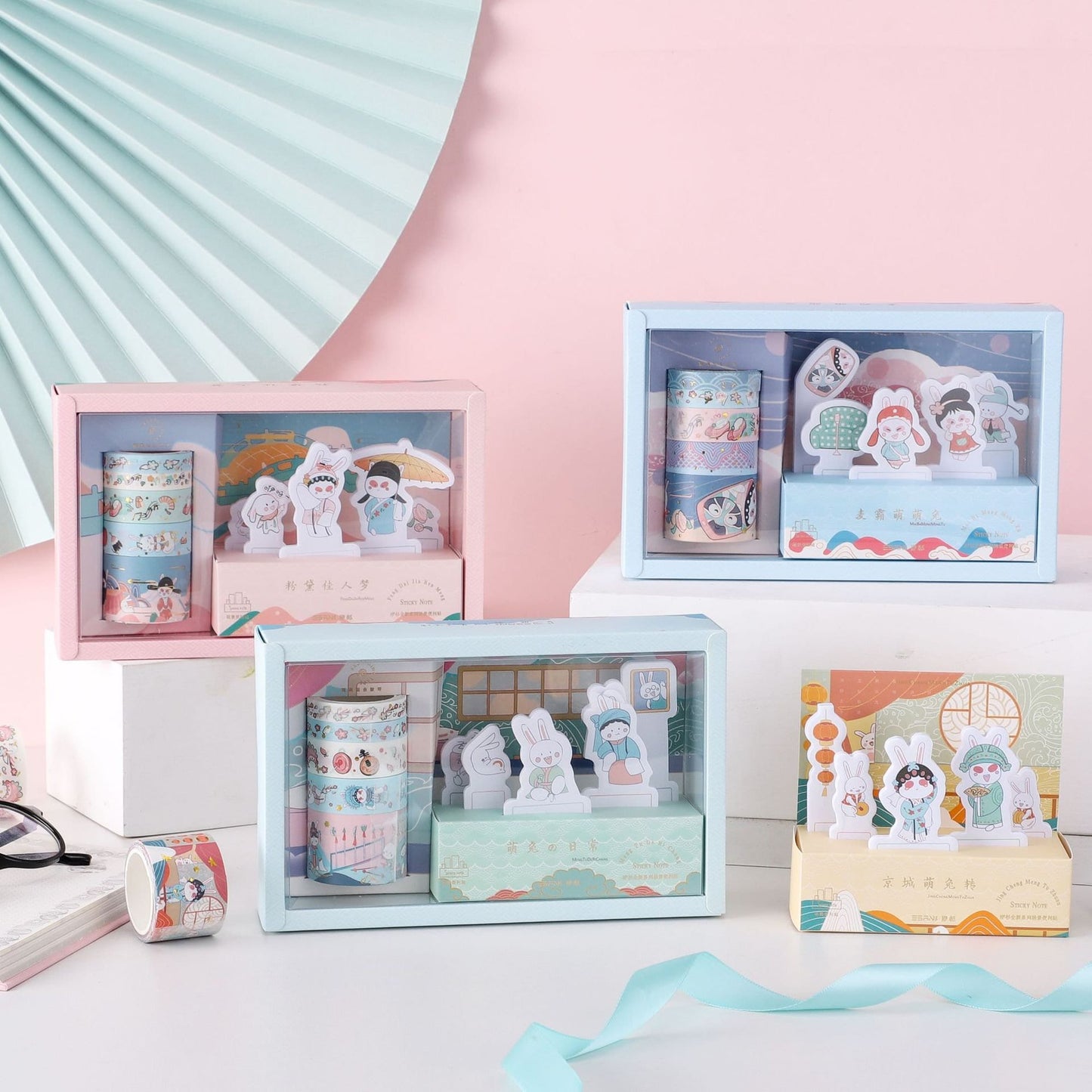 Cute Rabbit Sticky Notes and Washi Tape Set in decorative gift boxes, featuring kawaii-style rabbit illustrations, pastel colors, and various washi tape designs perfect for journaling and crafting.