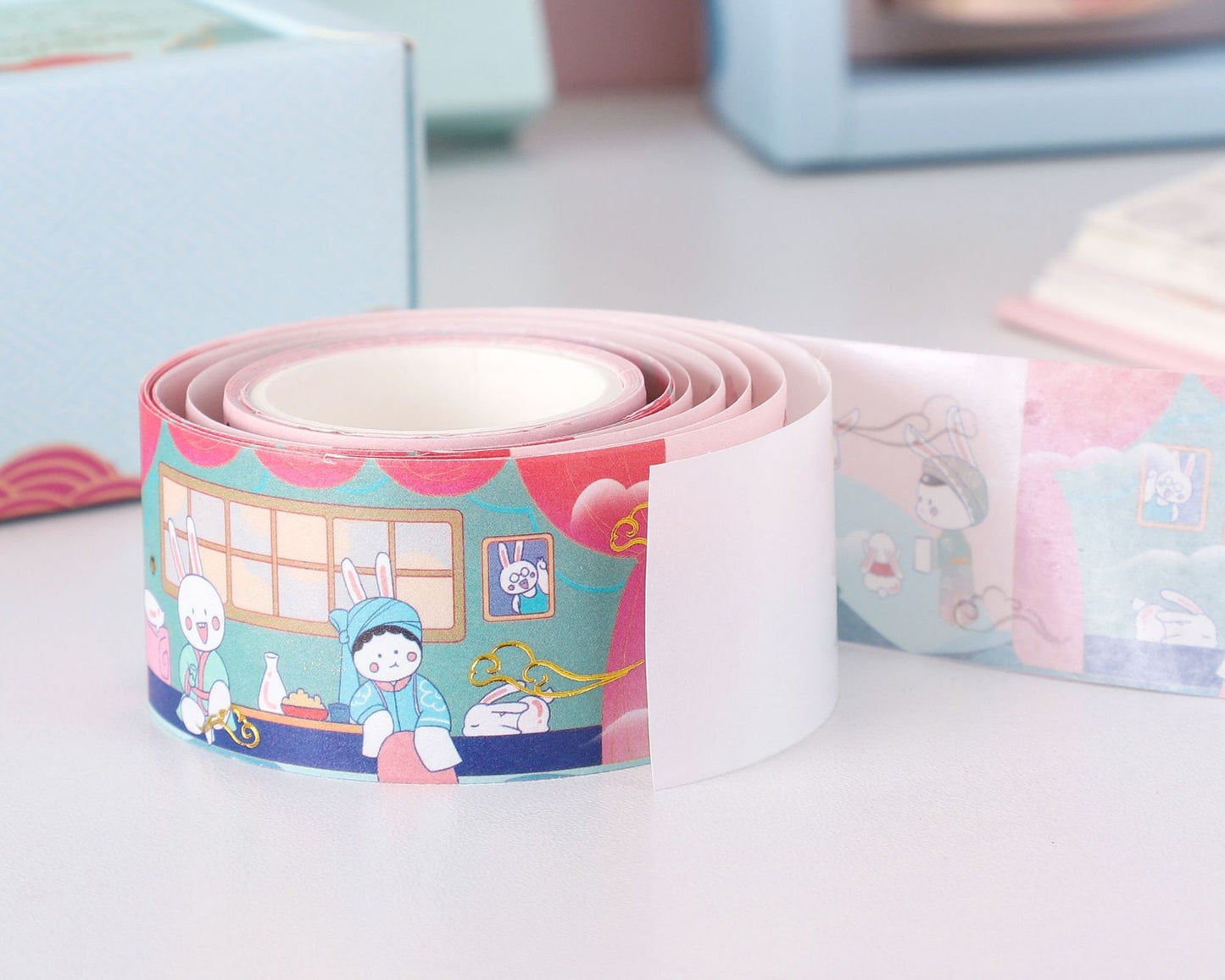 Cute Rabbit Sticky Notes and Washi Tape Set showcasing colorful kawaii-style bunny illustrations on a roll of washi tape.