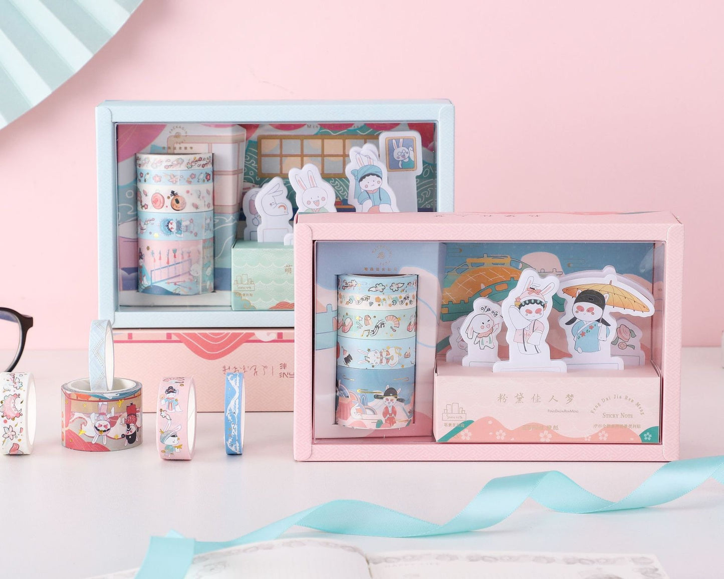 Cute Rabbit Sticky Notes and Washi Tape Set in pastel-themed packaging, featuring colorful rabbit designs and various whimsical patterns